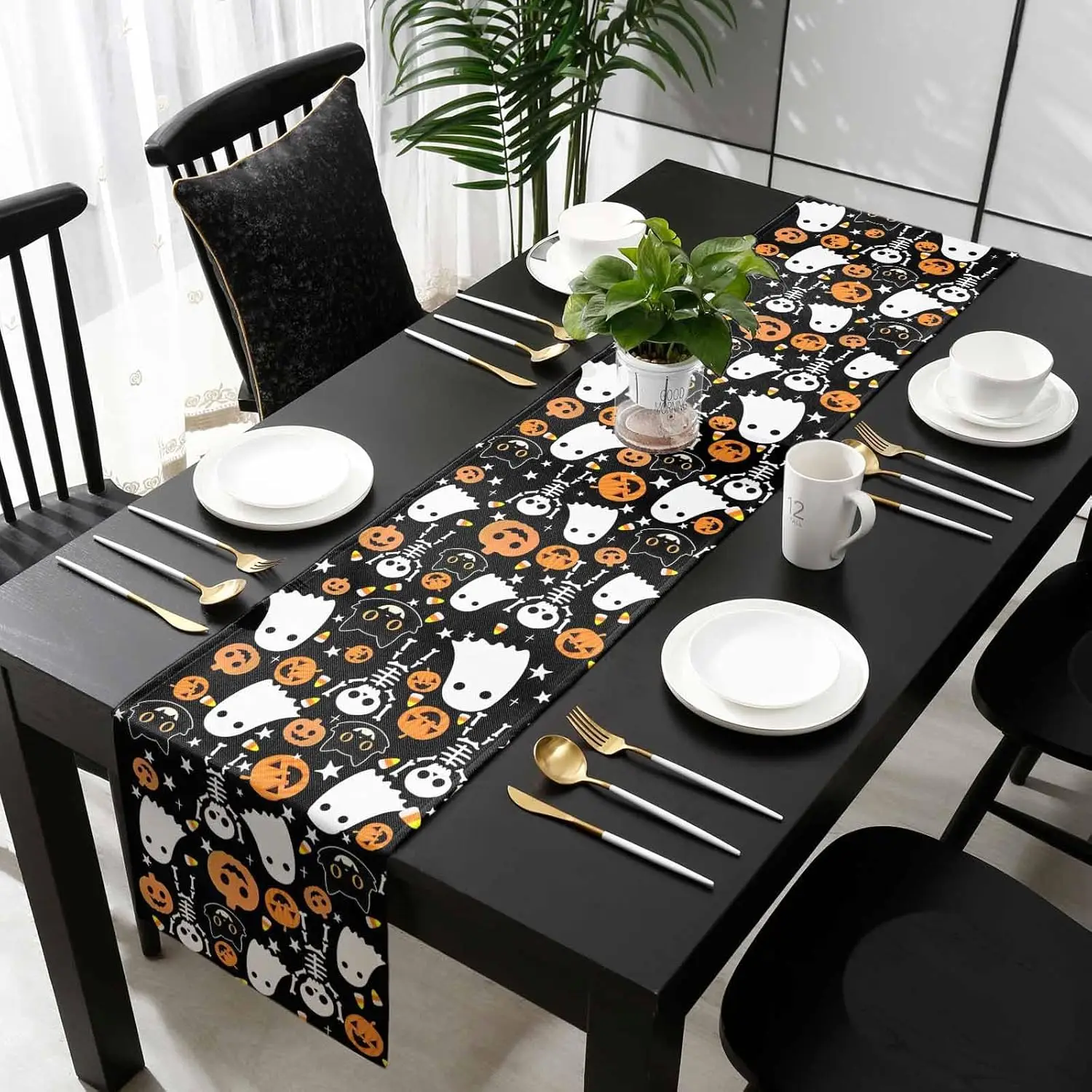 Halloween Ghost Linen Table Runner for Table Decor Washable Orange Skull Pumpkins Table Runners Halloween Decorations