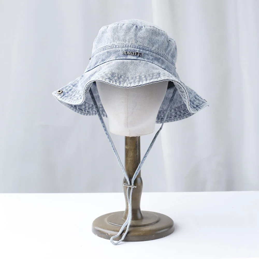 

Bucket Hat Denim Women Men Summer Sun Protection Big Brim Cowboy Cap With Strap Beach Accessory For Fishing Hike Climb Outdoor