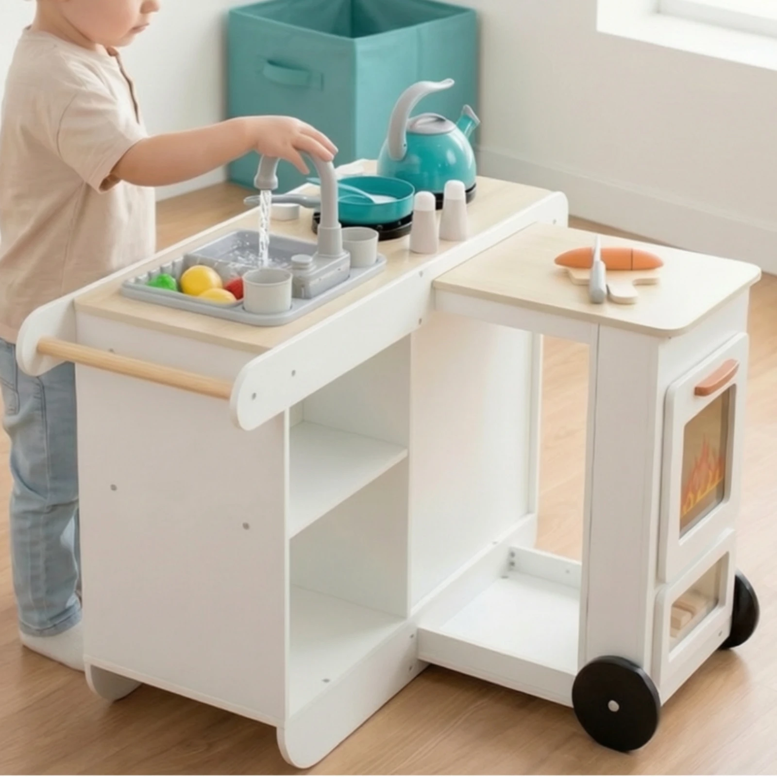 Wooden Play Kitchen with Accessories Interactive Toy Kitchen Set with Play Food Pretend Cooking Unit with Sink Educational Safe