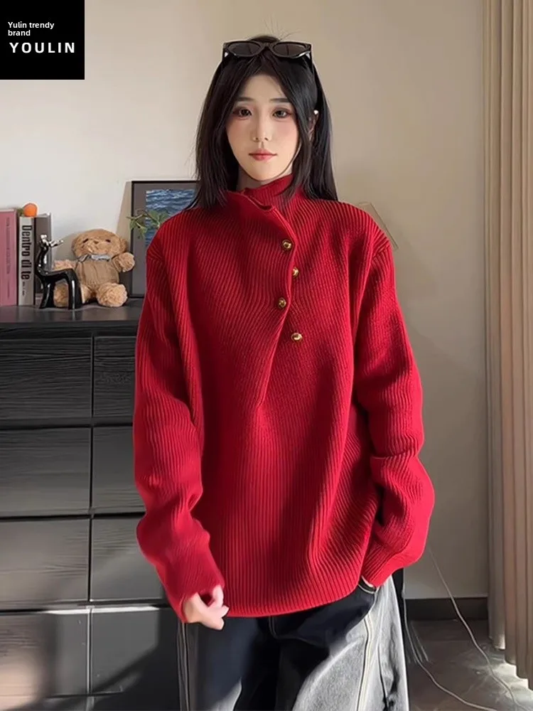 

Red High Collar Men's Knitted Sweater Thi Winter Faion Asymmetric Button Design Luy Year New Year Casual Cotton Blend