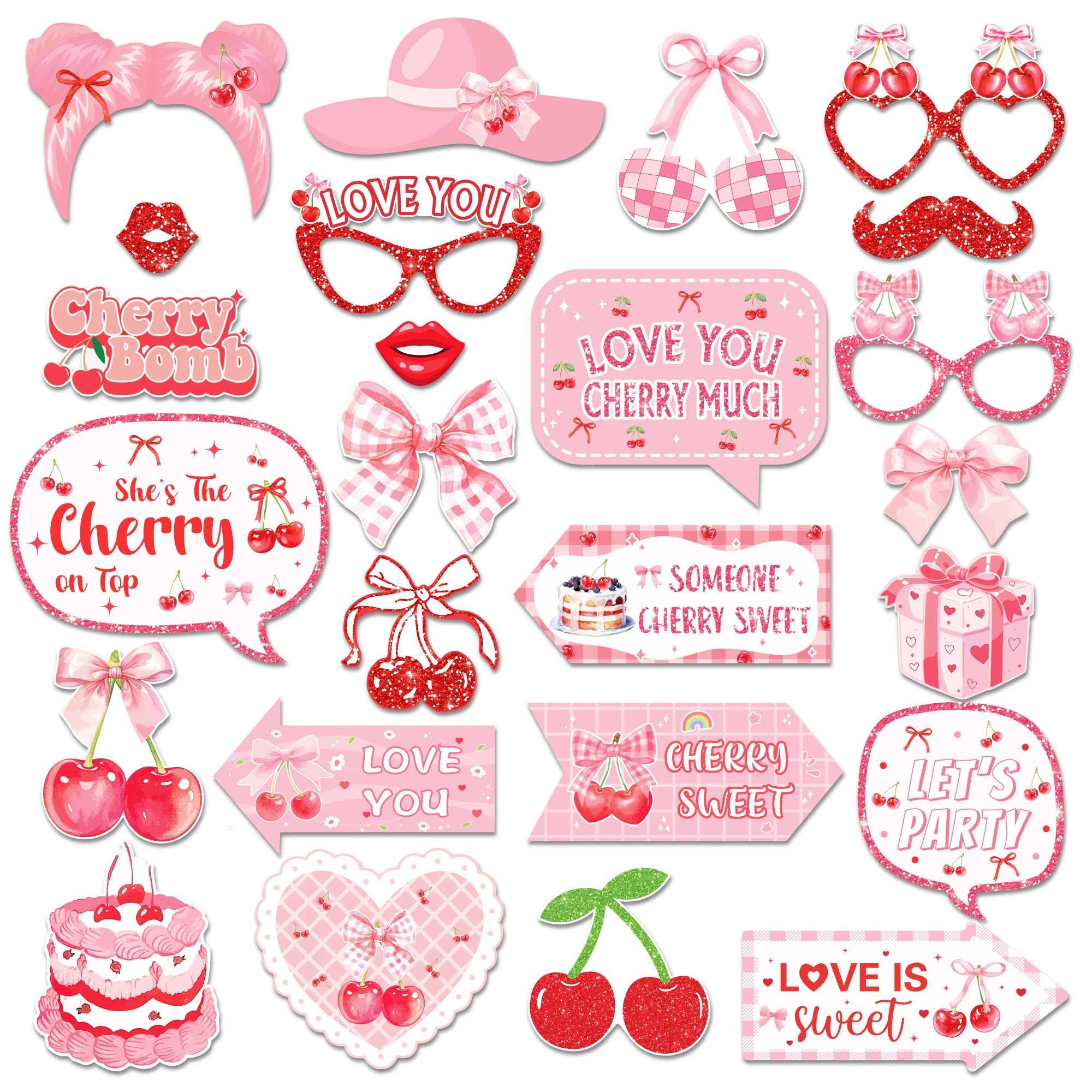 25 uds. De accesorios para fotomatón de cereza dulce, decoración para fiesta de cumpleaños, gafas, máscara de labios, accesorios de fotografía con mango DIY, suministros de boda