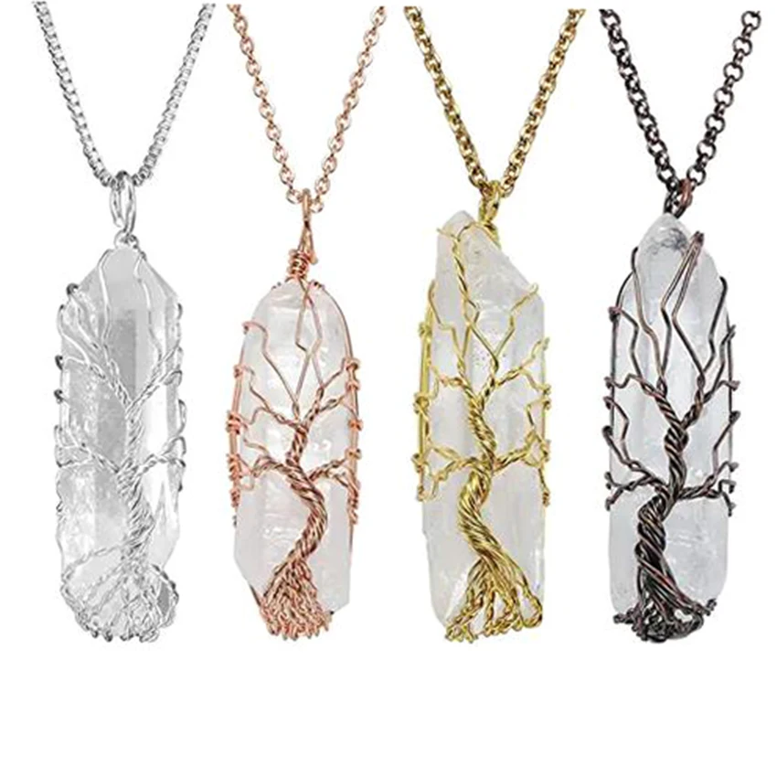 

Wire Wrapped Crystal Pillar Pendant Natural Rock Crystal Quartz 7 Chakra Reiki Irregular Stone Pendant Necklace Women Jewelry
