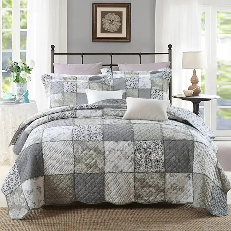 3pcs Cotton Quilt Bedspread Set Applique Quilted Duvet Blanket Korean Plaid Coverlet Cubrecam Bed Cover Colcha Home Bedding Set