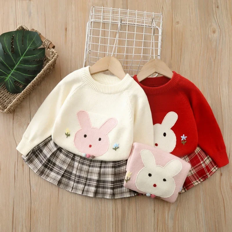 

Girls Round Neck Cartoon Bunny Knit Sweater Plaid Pleated Skirt Two Piece Set Outfit for Kids Clothes