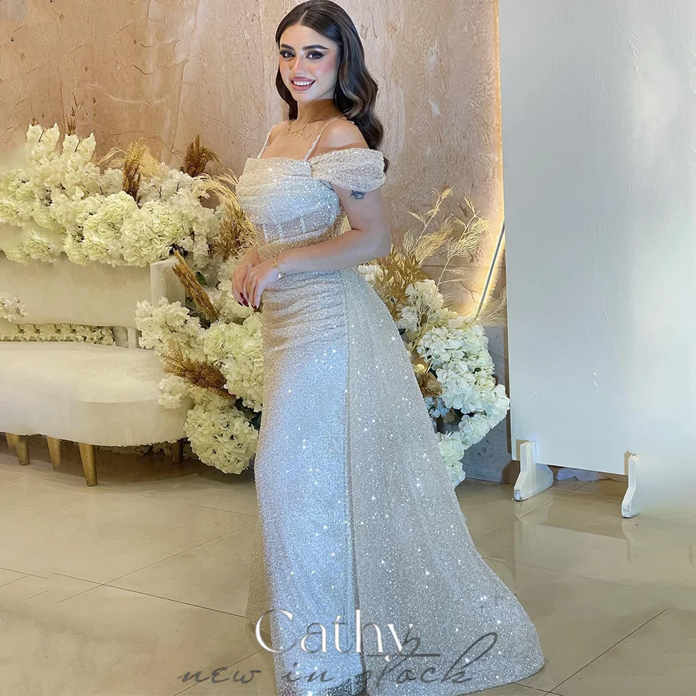 Cathy Shiny Sequins Off Shoulder Mermaid Wedding Dress Spaghetti Strap Custom Dresses Detachable Train vestido feminino