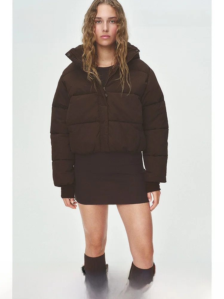 

Warm Cotton Jacket Hooded Loose Long Sleeve High Collar Winter Coat for Women H&M Stylish OOTD 2024 Winter Collection