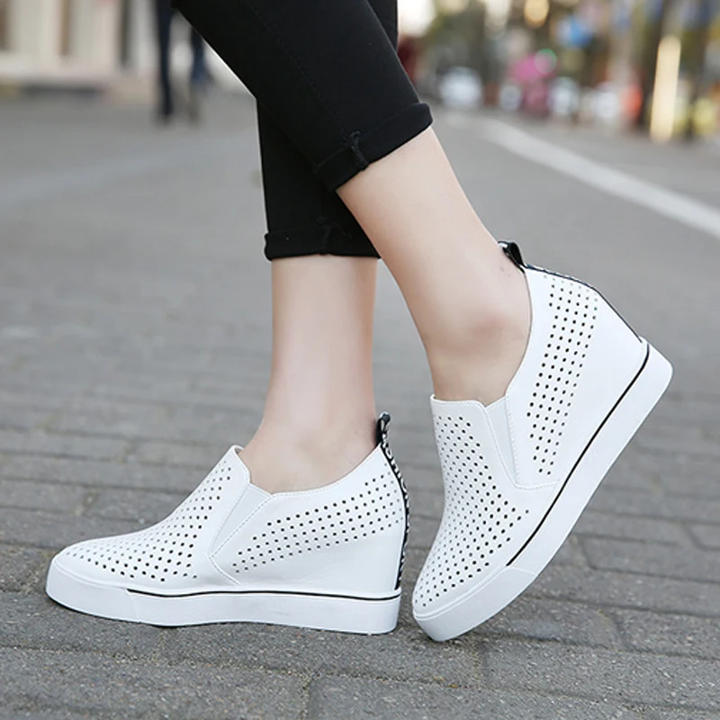 Comemore Fashion Platform Wedge Elegant Woman Shoes White Mesh Breathable Sneakers Women Black Heightening Casual Sneaker 2022