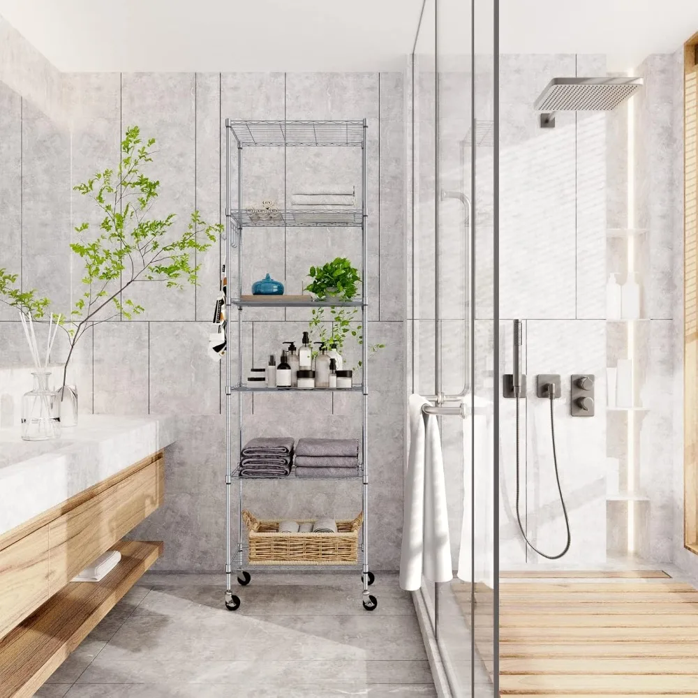 Estantería de almacenamiento de 6 niveles, estantería de alambre, organización de estante independiente con ruedas, ganchos laterales de acero inoxidable, gris plateado