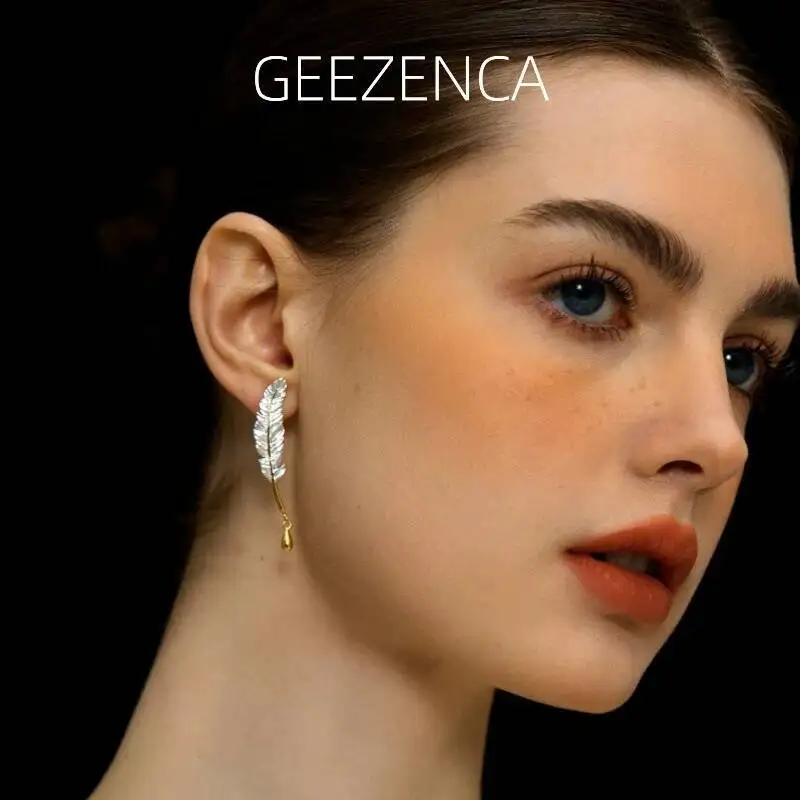 

GEEZENCA 925 Sterling Silver Two Tone Quill Pen Ink Earrings For Women Vintage Artistic Unique Chic Earring 2024 New Party Gift