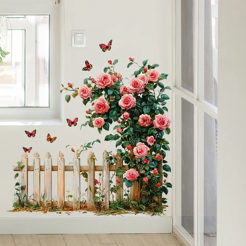 Romantic Rose Wall Decals, Rose Vine Fence Floral Stickers Wall Art Murals,  Peel and Stick Self-Adhesive Stickers for Girls Bed