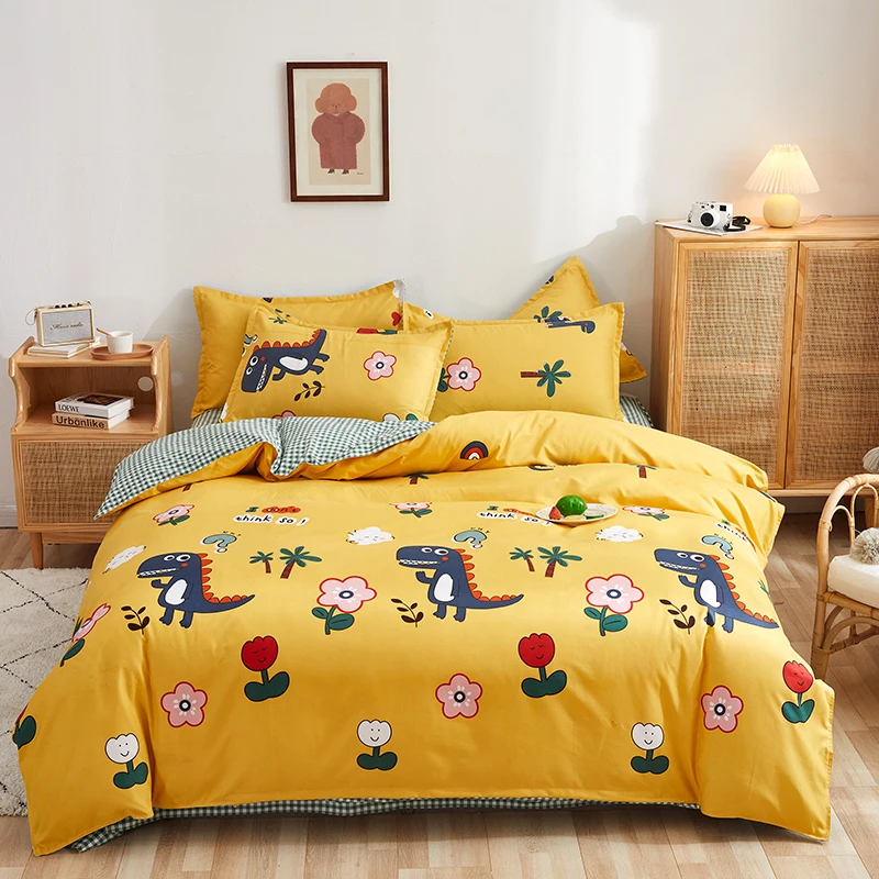 Cartoon Dinosaur Duvet Cover Set Twin King, 4PCS Dino Botanical Floral Bedding Set for Boys Girls Toddler,Yellow Comforter Cover