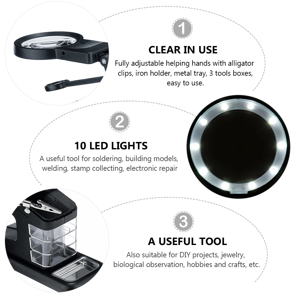 

10 LED Welding Table Tool Third Hand Soldering Light Station Desktop Clamp Magnifier Adjustable Base Metal Tray 3 Tools Boxes