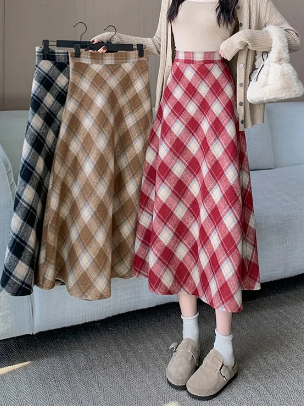 

Винтажная клетчатая шерстяная черная юбка трапециевидной формы, красные юбки-миди, модная осенняя новая женская одежда, тонкая ниша Harajuku Y2K Preppy