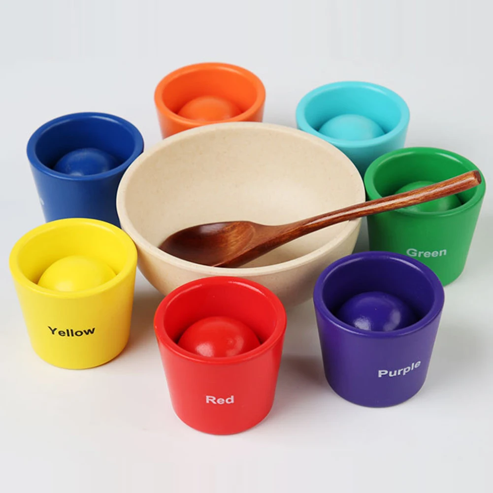 Bolas de arcoíris en tazas, juguete de clasificación de colores de madera, bolas grandes en tazas de 1,57 pulgadas, juguete de 7 pelotas para niños de más de 2 años, para niños pequeños y bebés