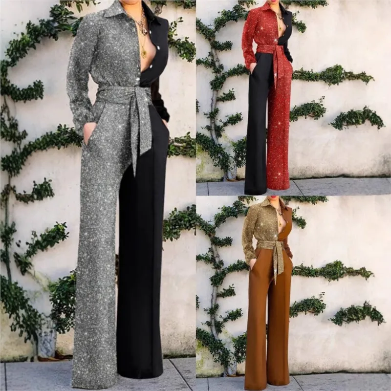 

Новый женский модный комбинезон с длинными рукавами и длинными брюками, весенне-летний сексуальный комбинезон с V-образным вырезом, повседневный комбинезон в стиле пэчворк, женская уличная одежда