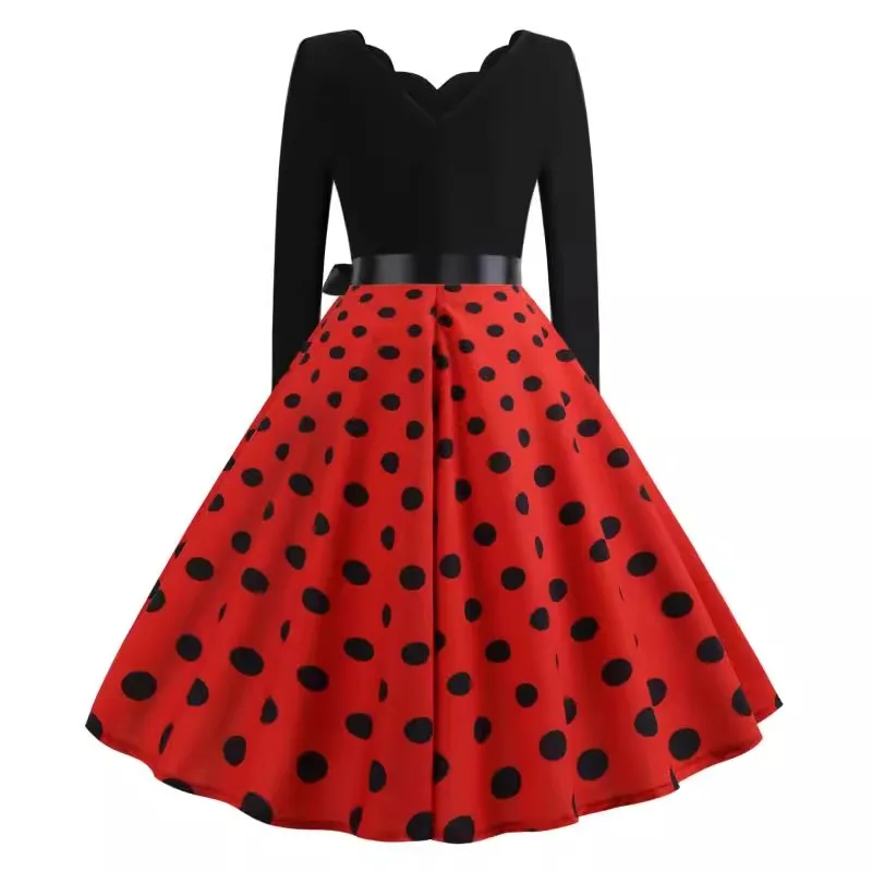 Retro Polka Dot V Ne Long Sve Maxi Dr con Bell Bot Ribbon A-Line Silhouette Pendolarismo Sle Miscela di cotone a vita media