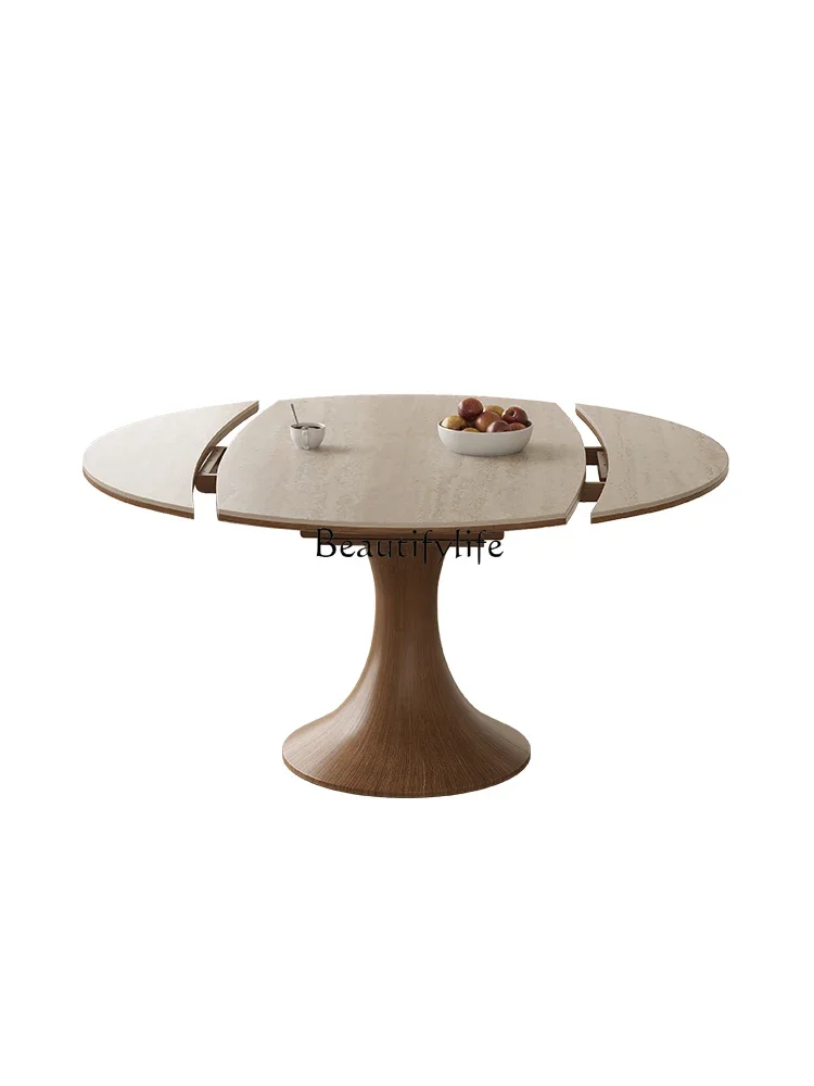 

Medieval travertine rock slab retractable dining table square becomes round dual-purpose folding household dining table