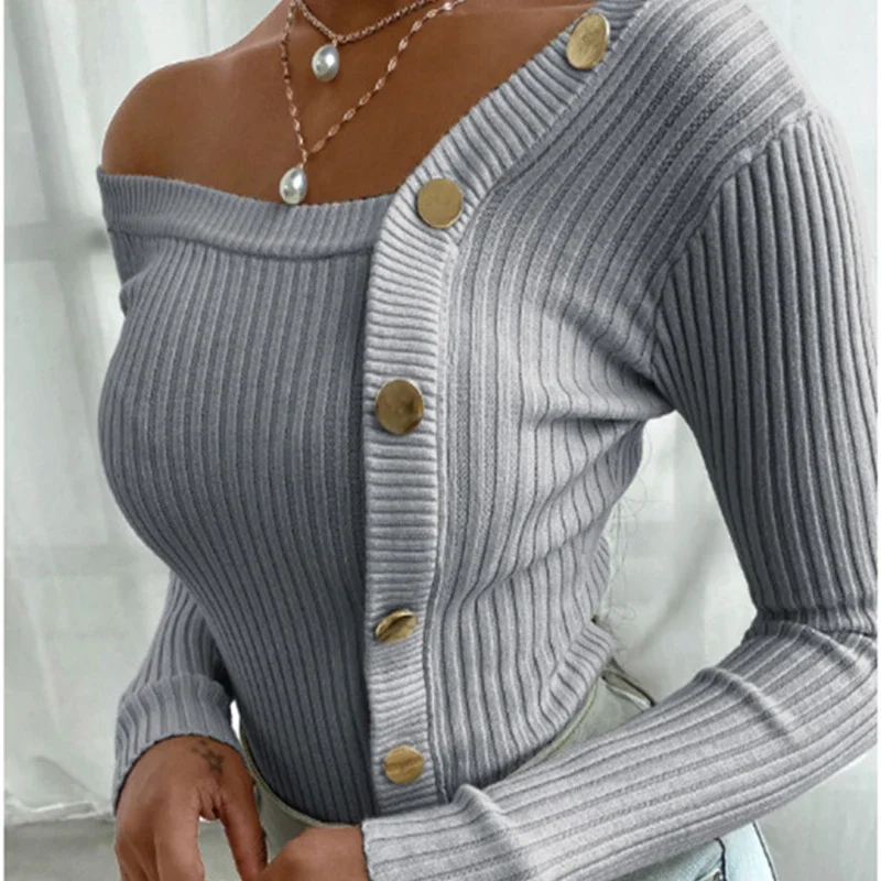 6 Colors Fashion Oversized Sweater Women's Casual Button Strapless Knit Pullover Solid Color Long-Sleeved Knitted Stitching Tops