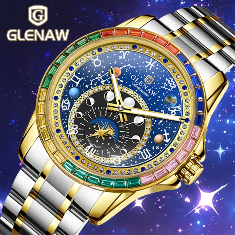 GLENAW 2025 New Rainbow Circle Mechanical Watch Men Constellation dial Design Night Light Waterproof Top Luxury Mechanical Watch