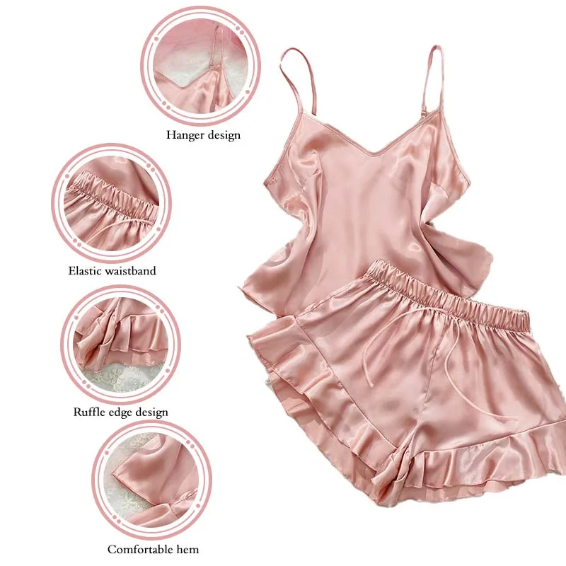 Two Pieces Sexy Pajama Set V-Neck Women Solid Color Silk Satin Spaghetti Homewear Loungewear Ruffled Female Home Clothes