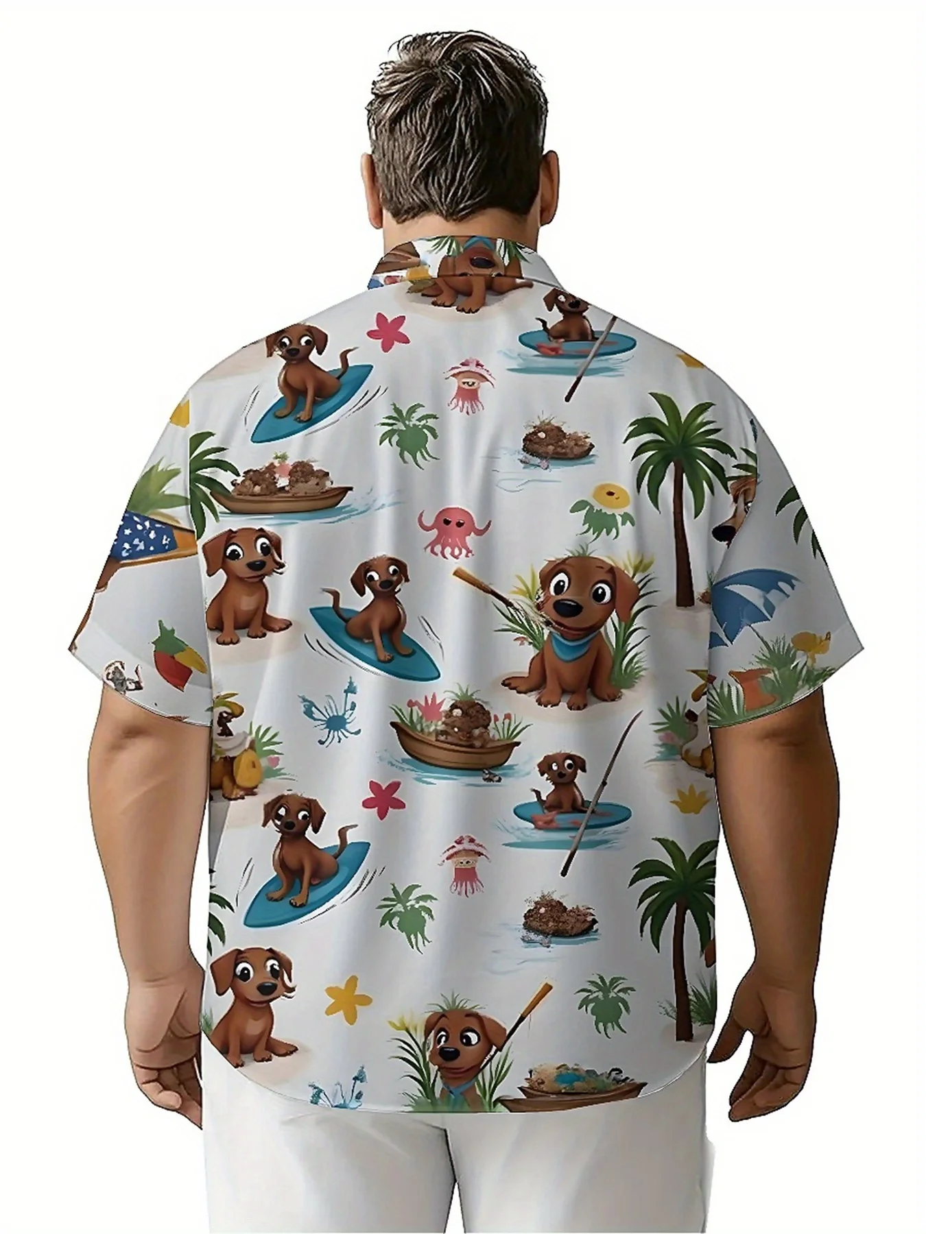 Kemeja Hawaii Ukuran Besar Pria Pola Petualangan Selancar Anjing Tropis, Kemeja Berkancing, Pakaian Kasual Uniseks, Atasan Musim Panas