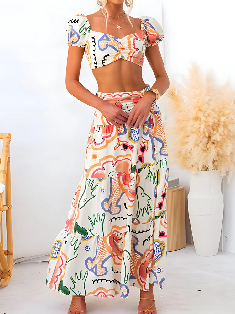 

Loungewear Printing Patchwork Two Pieces Outfit, Women Summer Beach Short Top Maxi Skirts Matching Sets, Backless Ladies Suits