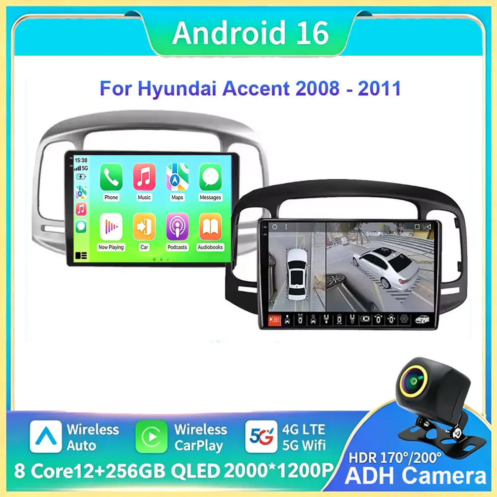 Android 16 Car Radio Auto Carplay For Hyundai Accent 2008 - 2011Multimedia Qled Screen Stereo Autoradio GPS Navigation Wifi 4G