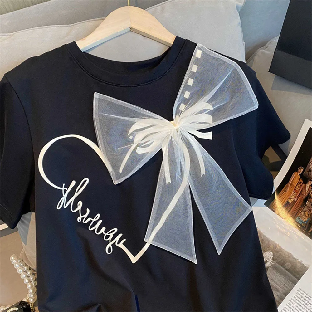 Women Summer Style T-shirts Tees Lady Casual Short Sleeve O-Neck Bow Tie Decor Heart Printed Tops Shirts