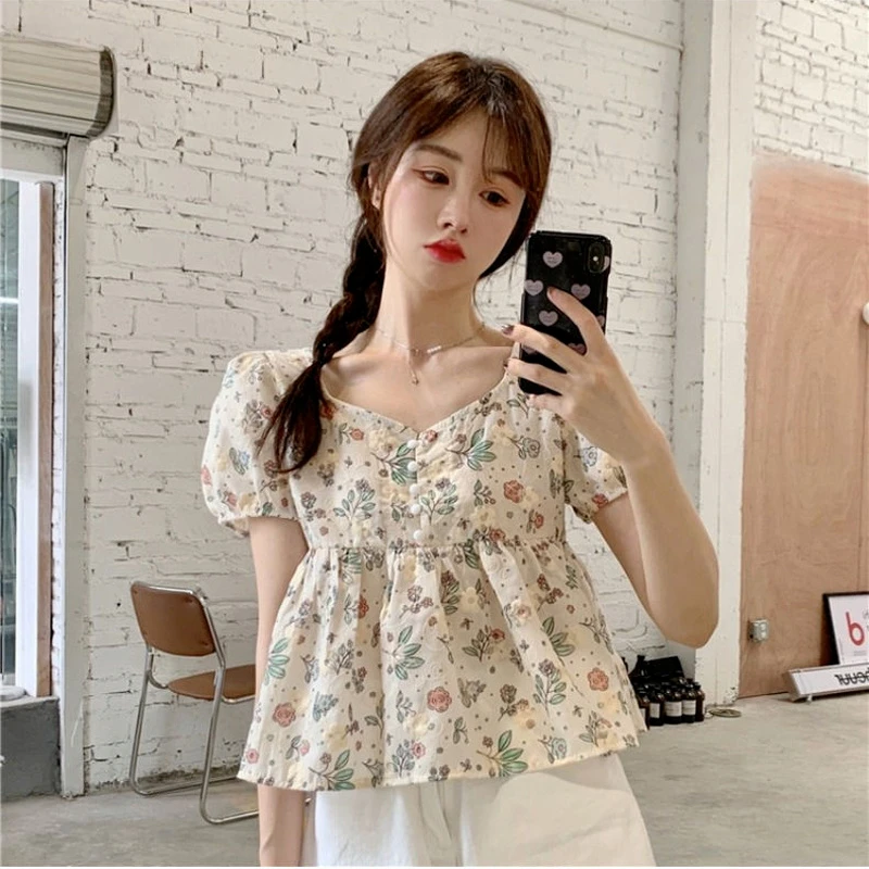 

Women V-neck Floral Embroidery Summer Korean Style Girlish Version Puff Sleeve Mujer Casual Daily Female Clothing Newly V492