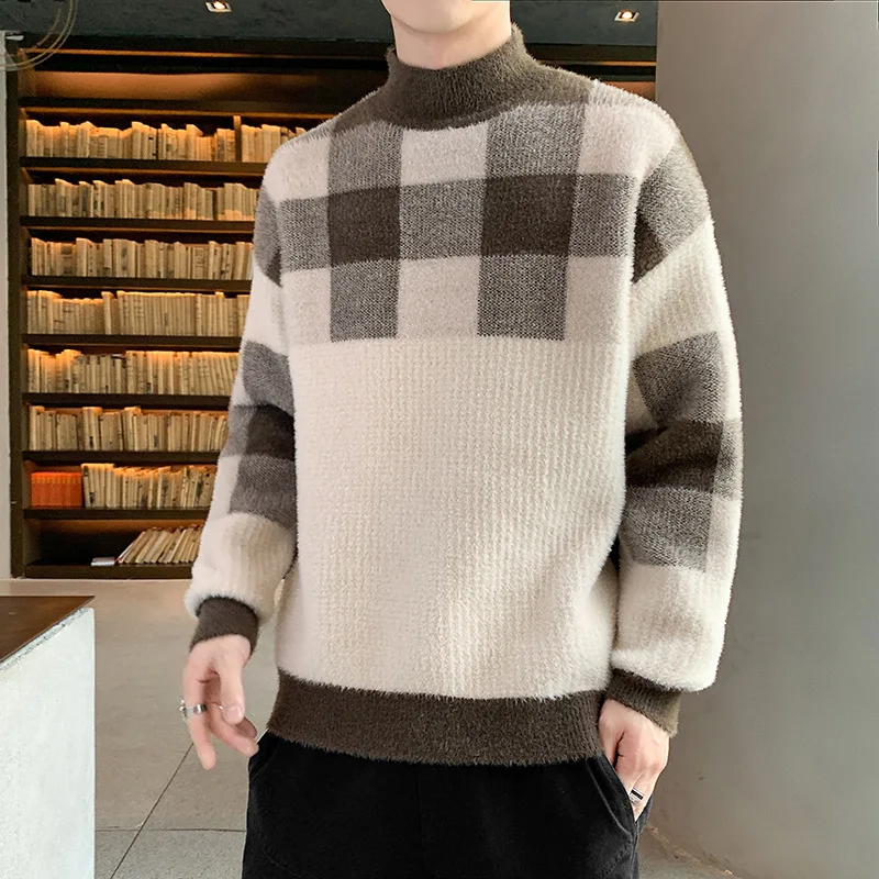 冬のタートルネック厚いメンズセーターカジュアルチェック柄暖かいタートルネックセーター男性プルオーバー服男性ニット生き抜く MY935