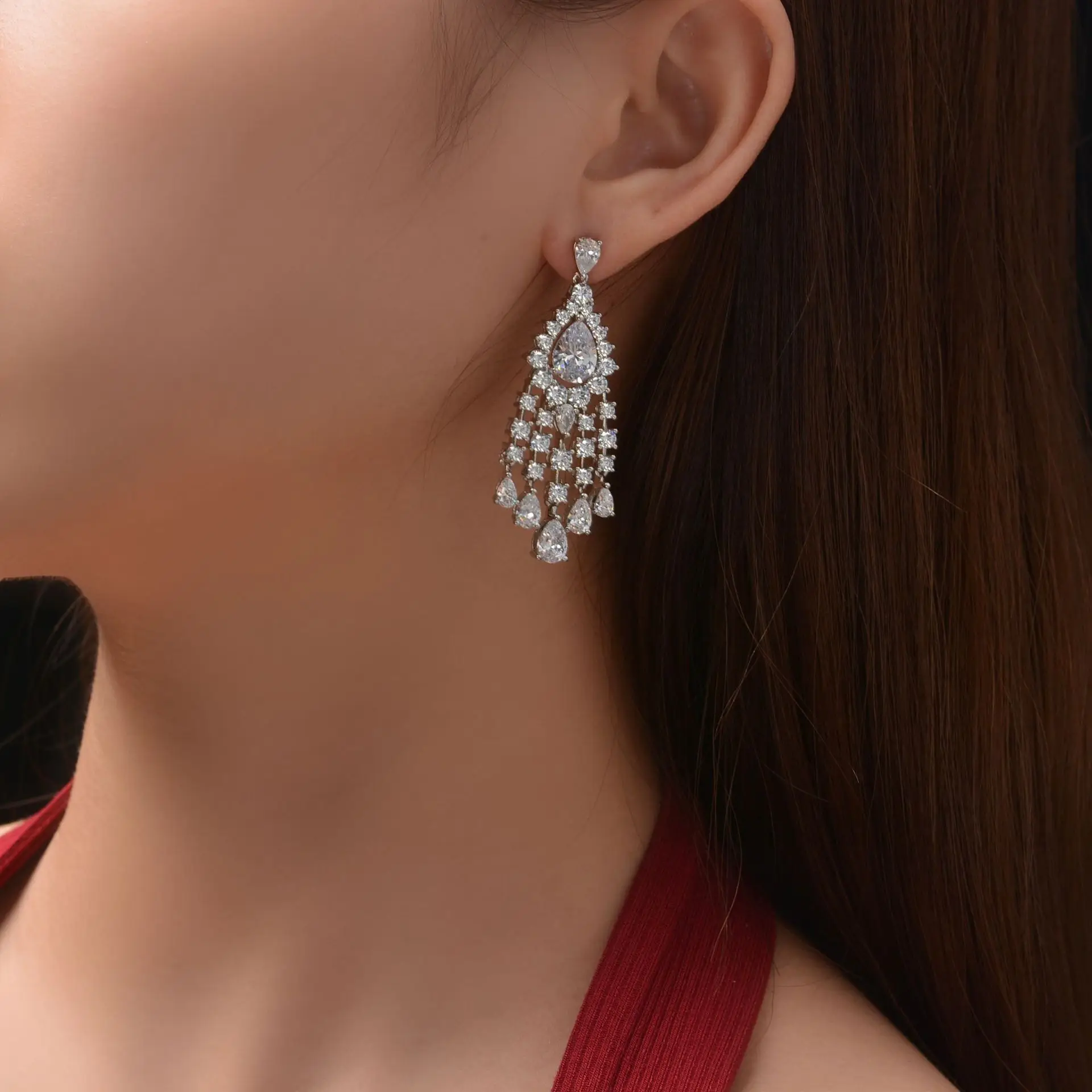 Statement Long Fringe Dangle Earrings Teardrop in S925 Silver Christmas Birthday Gift Party Jewelry with Free Shipping