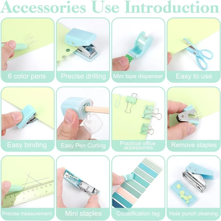 Mini suministros de oficina, suministros escolares verde turquesa con notas adhesivas, Mini grapadora, dispensador de cinta, agujero, removedor de grapas Puh Stap
