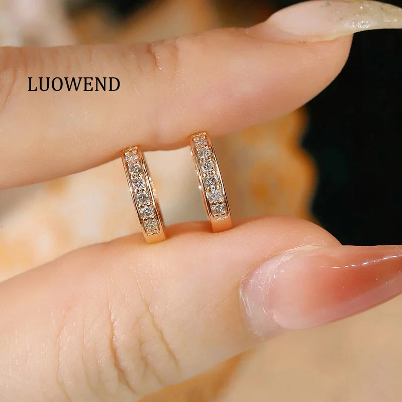 LUOWEND 100% 18K Rose Gold Earrings Fashion INS Style 0.18carat Real Natural Diamond Hoop Earrings for Women High Birthday Gift