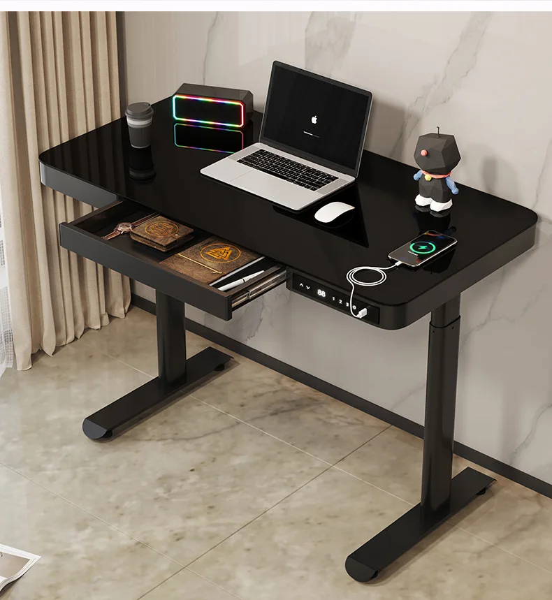 Smart Electric Standing Desk, Tempered Glass Top with Drawer, Easy Assembly Height-Adjustable Home Office Desk