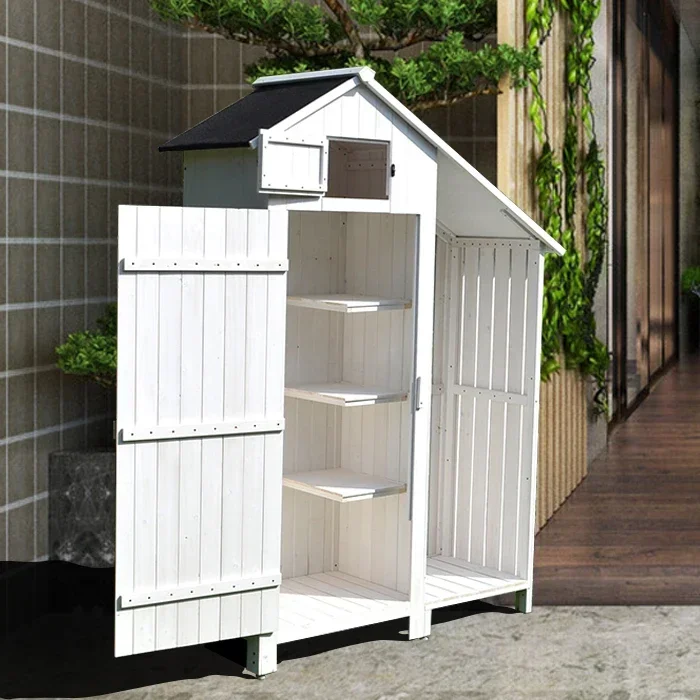 Outdoor balcony storage cabinet tool glove box function firewood room rainproof solid wood courtyard garden supplies finishing