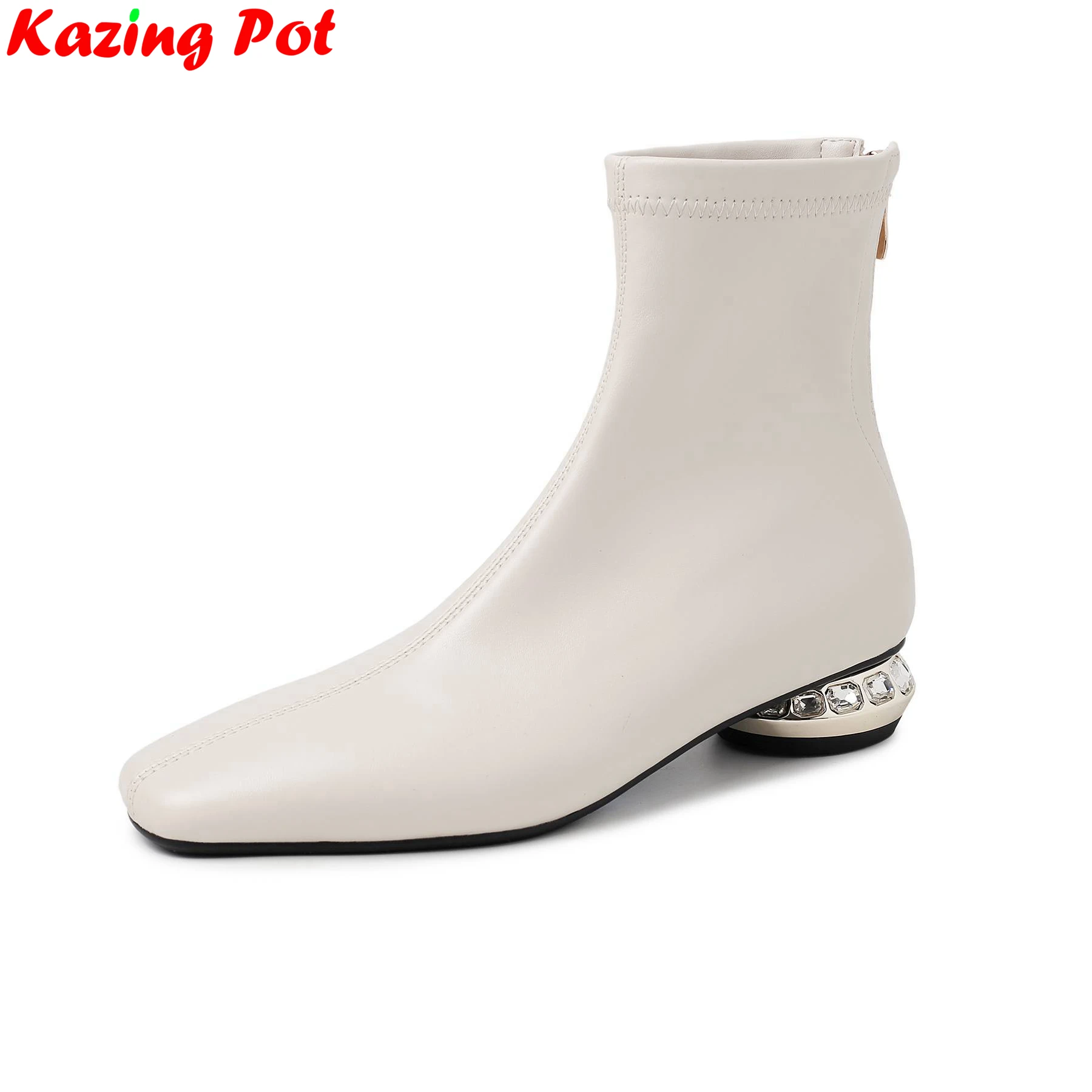 

Krazing Pot Большие размеры 34–42, современные ботинки из искусственной кожи с квадратным носком на низком каблуке и кристаллами, теплая зимняя обувь, элегантные ботильоны для свиданий