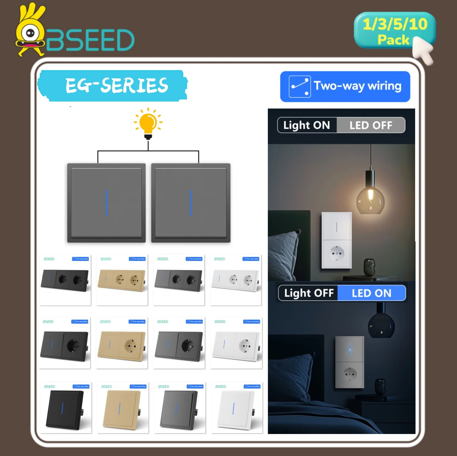 BSEED 16A Wall Power Sockets EU Large Button Stair Switches Wall LED Light Switches Home 1Gang 2Way Switches EG-Series Backlight