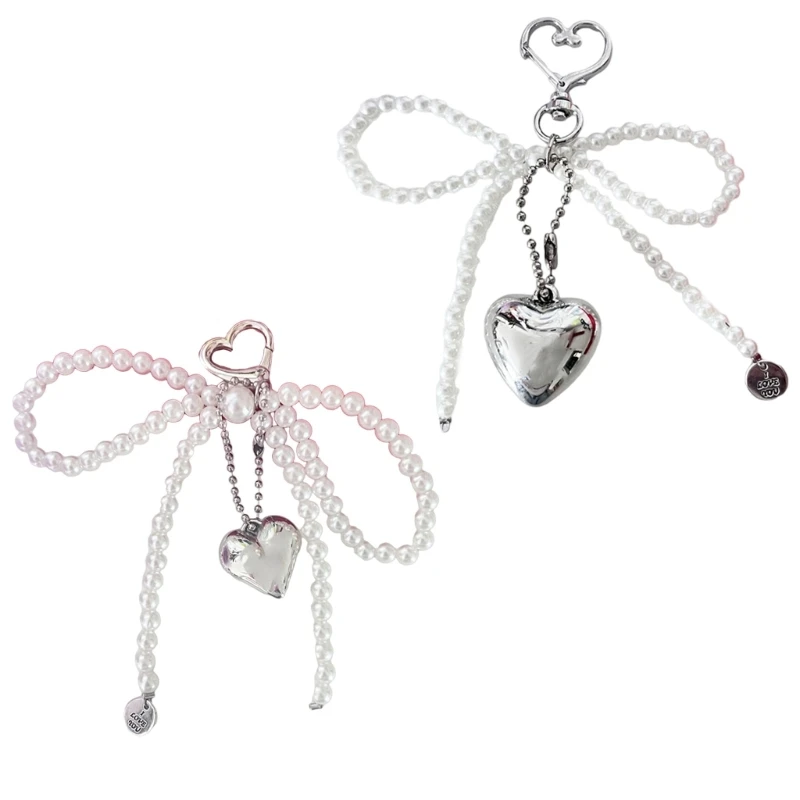 Elegant Beaded Bowknot Heart Key Ring Keychain Jewelry for Fashion Enthusiasts