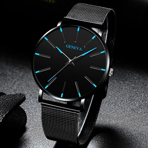Geneva-reloj minimalista para hombre, cronógrafo de cuarzo con correa de malla de acero inoxidable, color azul, ultrafino, informal, de negocios, 2024