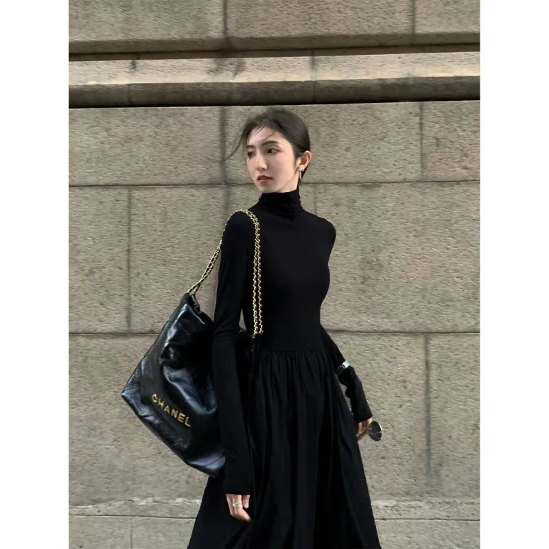 Women\'s New French Style Temperament High-Grade Black knit Dress Style Gray Turtleneck Dress for Women Autumn and Winter