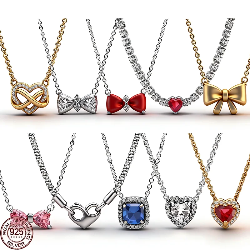 

Hot selling 925 Sterling Silver Classic Square Heart-shaped Bow Necklace Exquisite Luxury Women's Charm Jewelry Festival Gifts