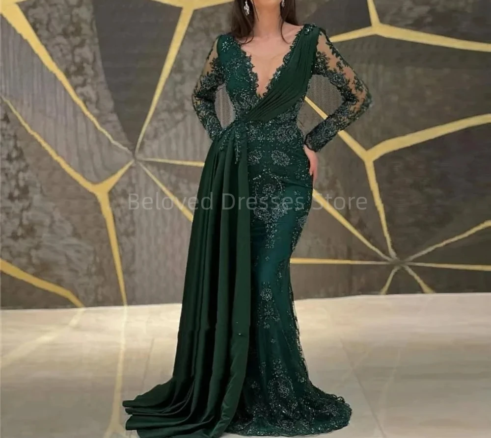 2023 New Lace Applique Beaded Emerald Green Evening Gown Mermaid Long Sleeve Sheer Neck Prom Gown Women Formal Dresses De Soriee