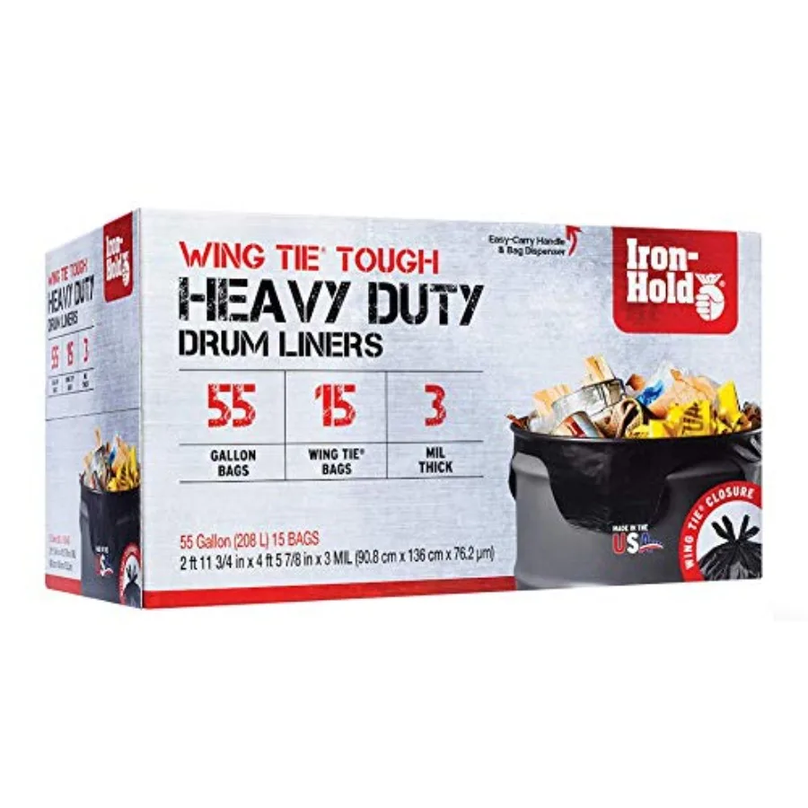 

Heavy Duty Industrial Strength Garbage Bags for Contractors - 55 Gallon Capacity 15 Bags with Wing Tie Closure 3 MIL Thick Mate