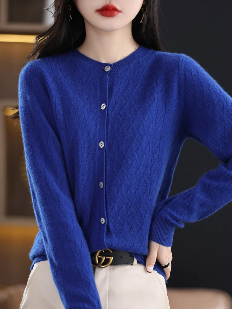 New 100% Merino Wool Sweater Women Cashmere Cardigan O-neck Hollow Out Wave Cut Knitwear Grace Fashion Comfortable Clothing Tops