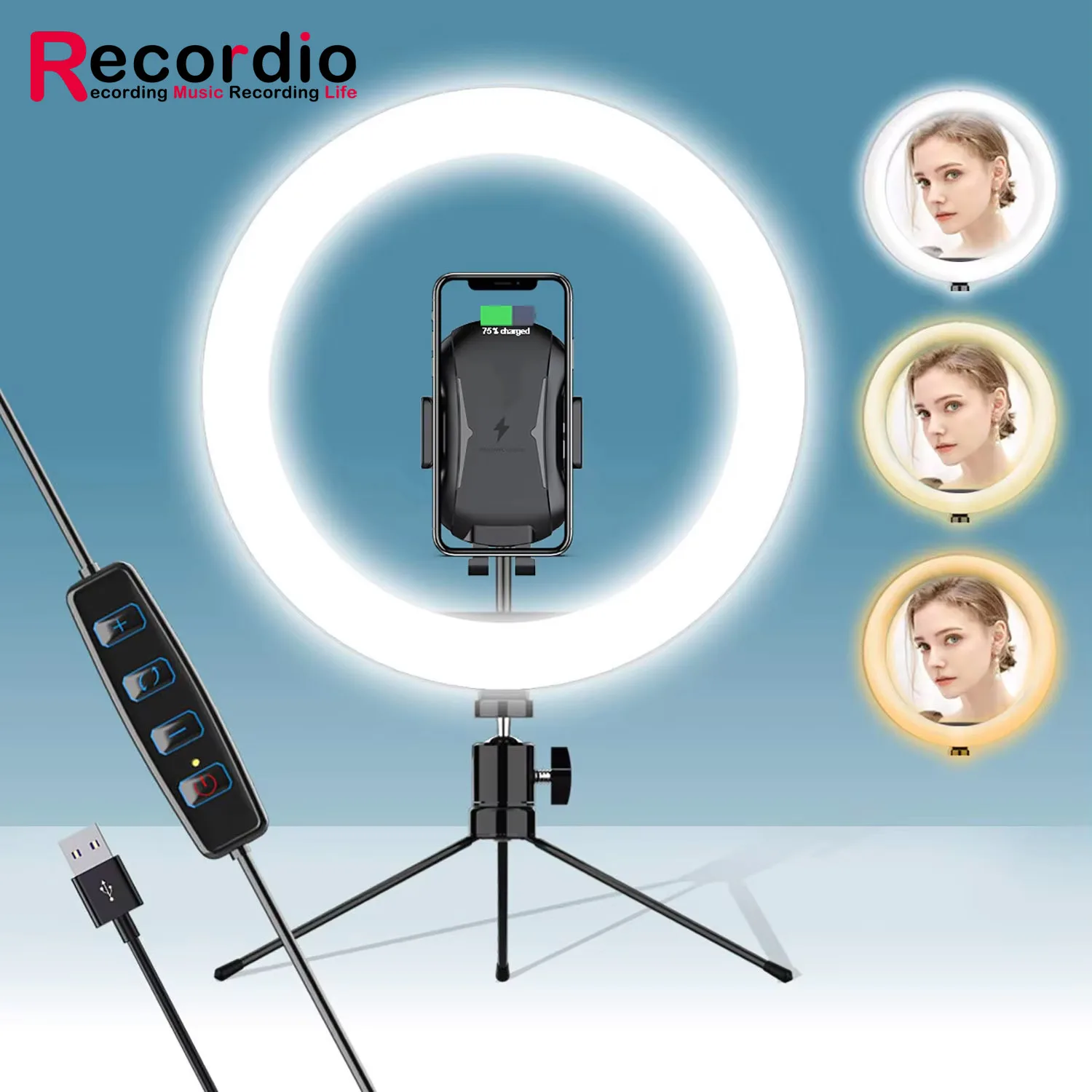 GAZ-126 10W Wireless Charger 2 in1 LED Ring Light 10 inch Fill Light Tripod Stand Phone Holder for Youtube Tiktok Live Streaming