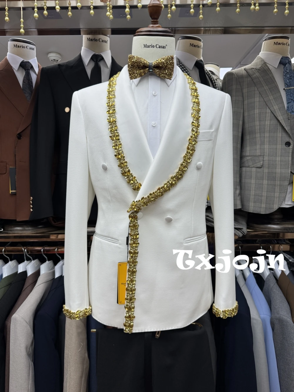 

New Golden Crystal Men's Formal Suits 2 Pieces Dancing Wear,Double Breasted Shawl Lapel Suit Set For Men,Slim Fit Tuxedo S-3XL