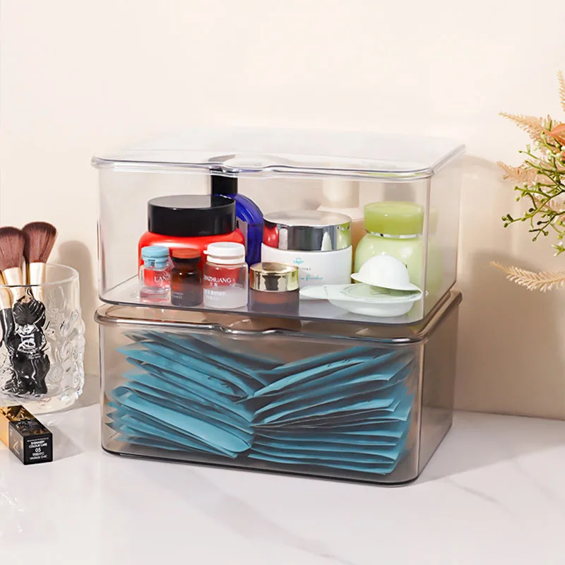 Boîte de rangement transparente pour masque facial avec couvercle, étanche, anti-poussière, acrylique, bureau, organisation, bijoux, maquillage, évaluation