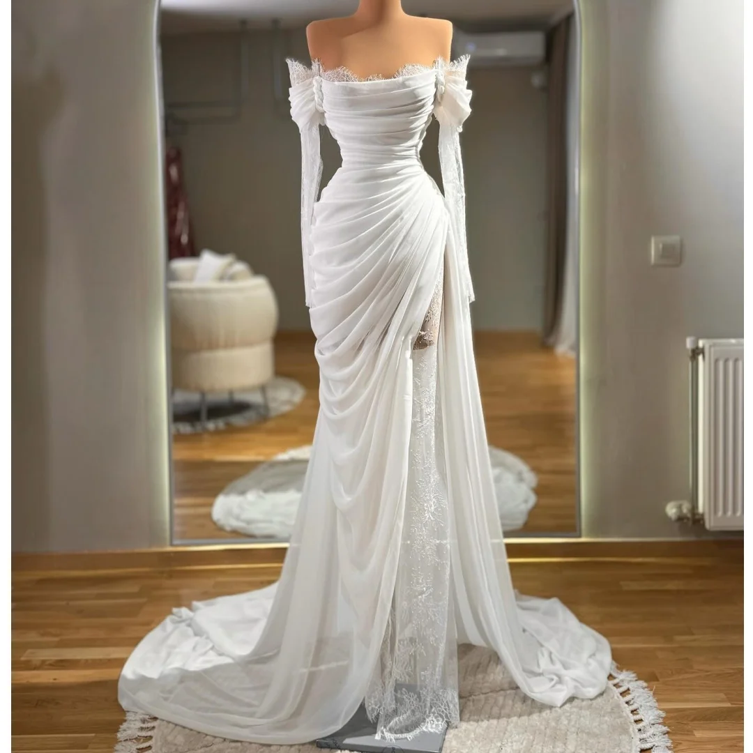 

Белые кружевные вечерние платья с длинными рукавами, шифоновое свадебное платье, индивидуальное платье для выпускного вечера с открытыми плечами, вечернее платье