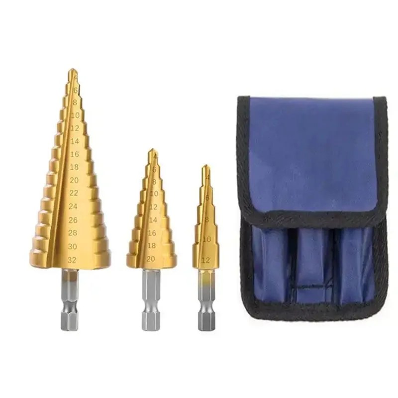 3Pcs Sets 4-12mm 4-20mm 4-32mm HSS Straight Groove Hex Shank Titanium Coated Step Drill Bit in Cloth Bag