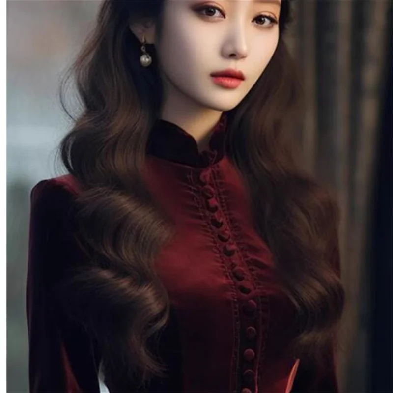 Spring New Women's Fashion French Pear Shaped Body Dropping Feeling Mature Sister's Mighty Red Velvet Dress Female A-line Skirt